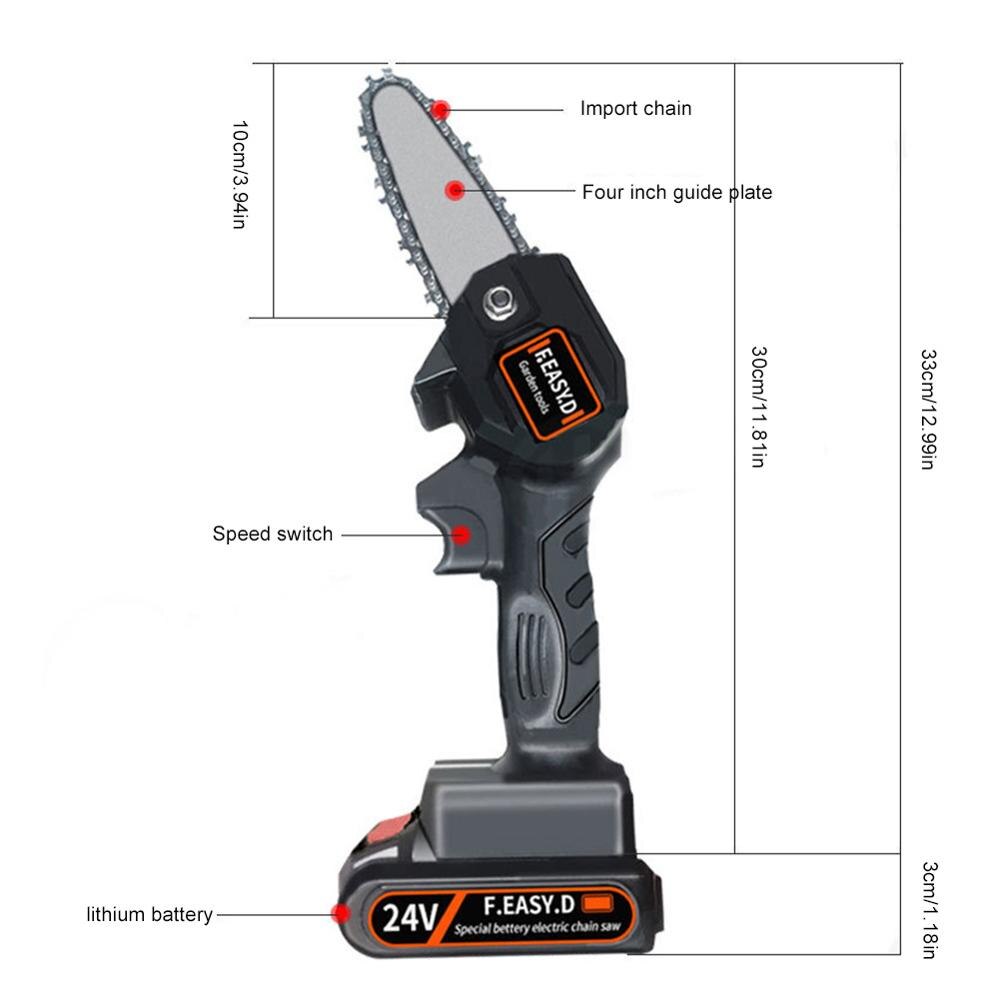 24V Mini Electric Chainsaw Portable 4 Inch Pruning Saw Rechargeable Cordless Electric Pruner Branch Pruner Wood Cutter