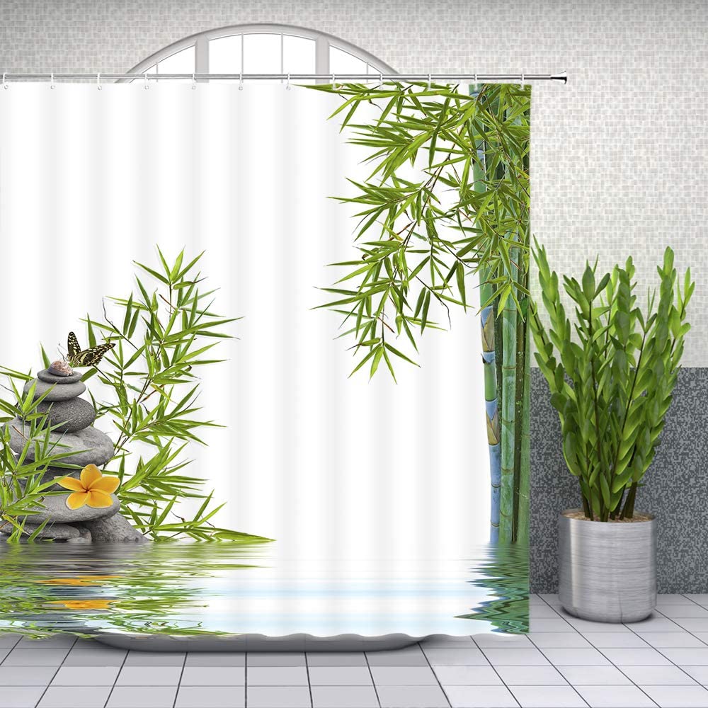 Zen Douchegordijnen Groene Bamboe Paarse Bloem Steen Reflectie Water Landschap Spa Tuin Patroon Badkamer Gordijn Haken: 210x180cm-70x90in