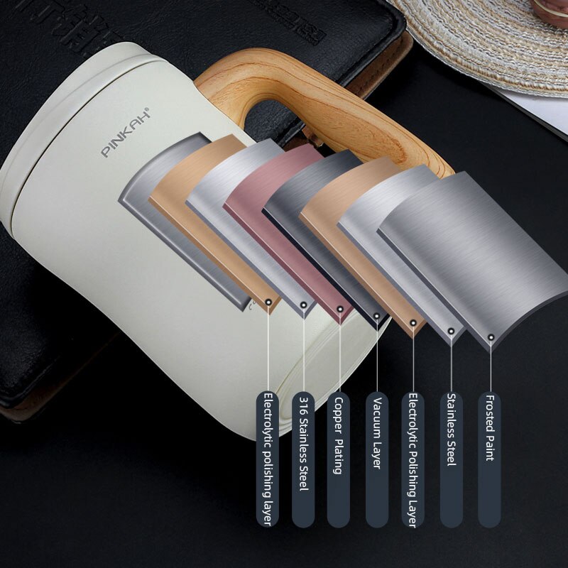 PINKAH 470ML Vacuum Coffee Cup With Handle Insulation Mug Office Leakproof Tea Cup With Lid Household Milk Thermos