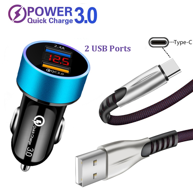 Dual USB QC 3,0 cargador de coche de aleación de Zinc trenzado tipo-c Cable para Huawei Y5P Y6P Y7P P40 Lite P Smart Honor 9S 9A 30 20 Pro