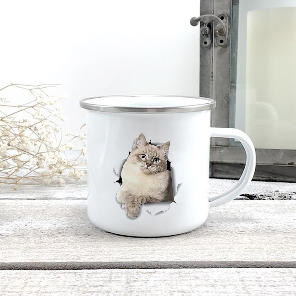Kreative 3d Druck Katze Emaille Kaffee Tee Becher Hause Frühstück Nachtisch Milch Hafer Tassen mit Griff Wasser Becher für Liebe katze Menschen: XH2903-A015WH-8