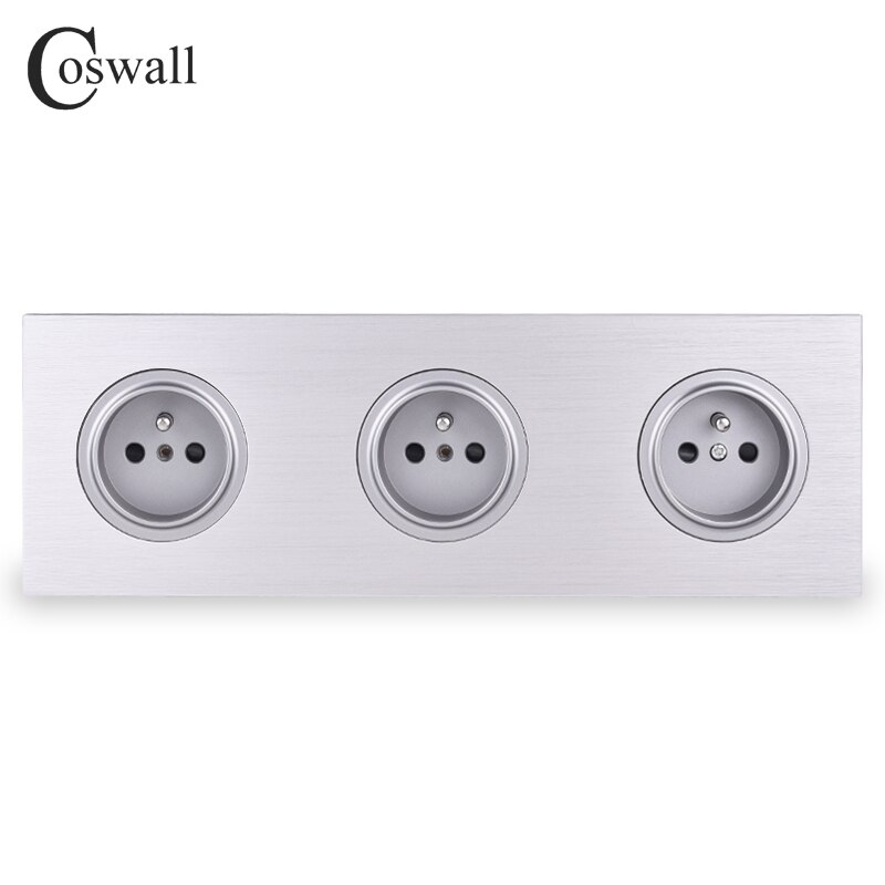 Coswall svart / silvergrå borstad aluminium metall panel trippel fransk standard vägguttag jordad med barnskydd