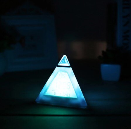 Pyramid 7 Color Changing Triangular Silent Alarm Clock Kids Student Night Light Desk Clock Temperature Time Date Timer