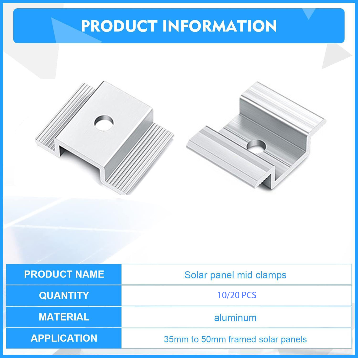 Solarpanel-Mittelklemmen, Photovoltaik-Tafel-Halterung, PV-Tafel, Mittelklemme, Aluminium-Solarklemmen für festes 35–50 mm gerahmtes Solarpanel