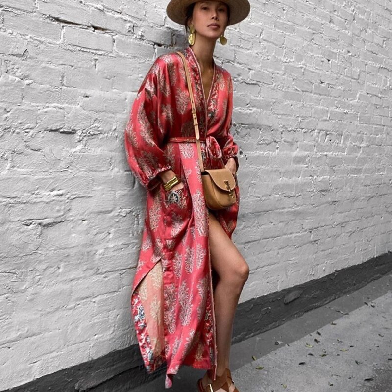 Teelynn satinrødt blomsterprint boho strandkåbe langærmet kimono kjoler kvinder bikini cover up vintage side split vestidos