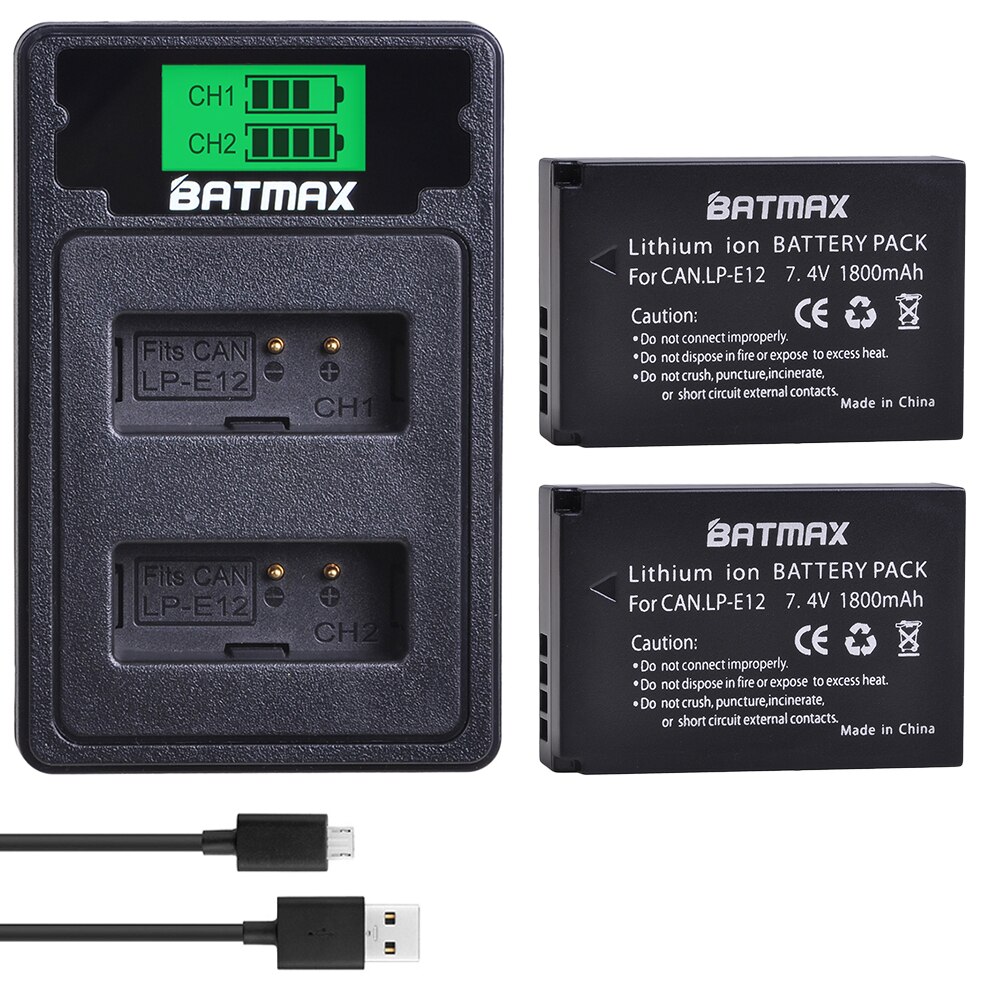 Batmax lp -e12 lpe 12 kamera batteri + lcd usb dual oplader med type c port til canon eos  m50,  eos  m100,100d kiss  x7 rebel  sl1: 2b med oplader