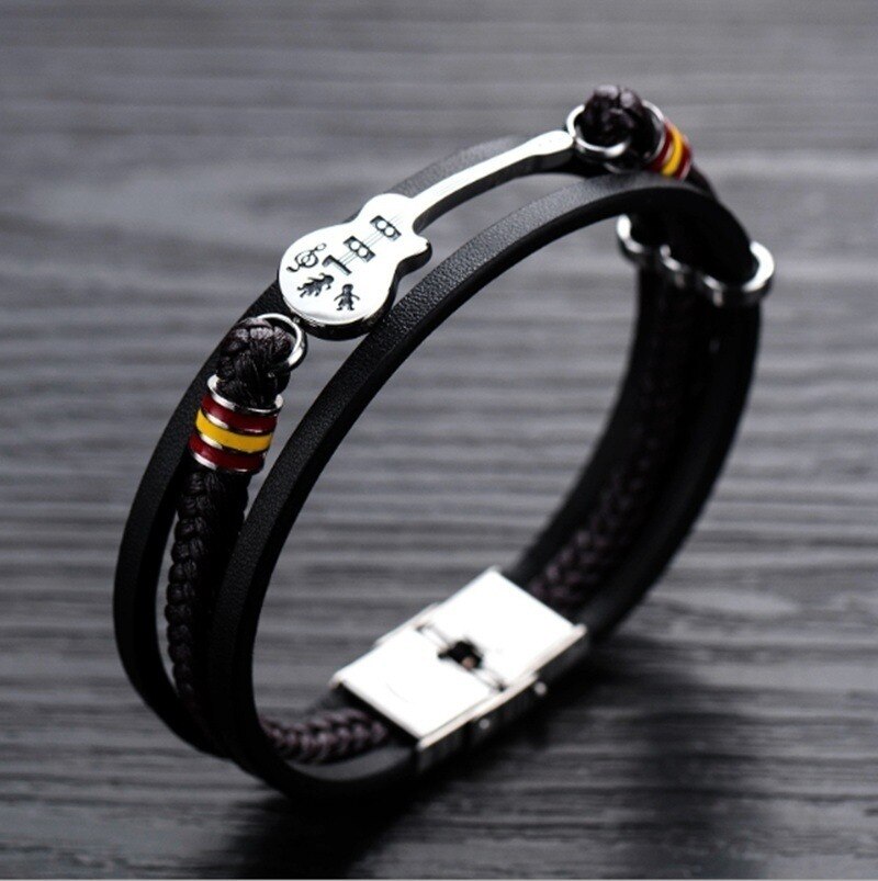 Punk couro guitarra pulseira multi-camada trançado pulseiras para jóias masculinas