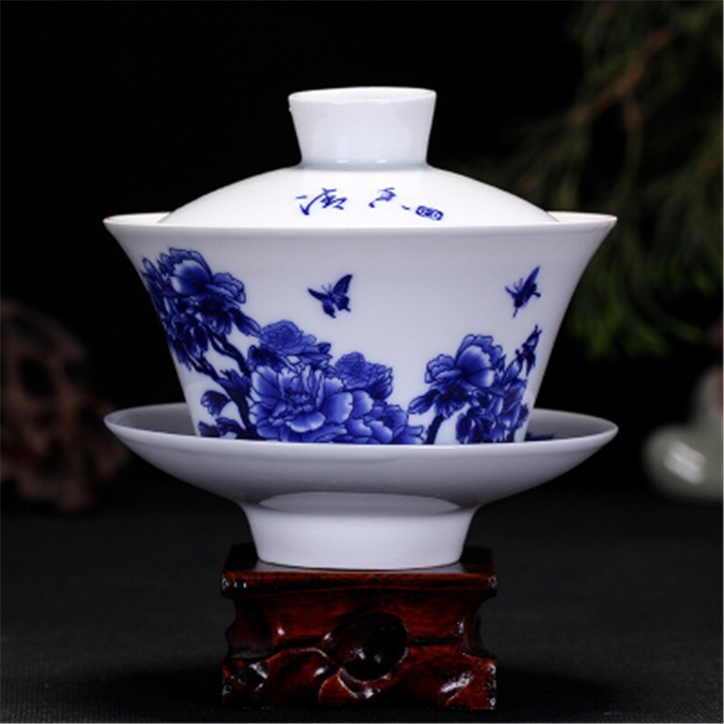 Kung fu te ceremoni 230ml drager gaiwan kinesisk blå og hvid porcelæn te kop og underkop sæt: B
