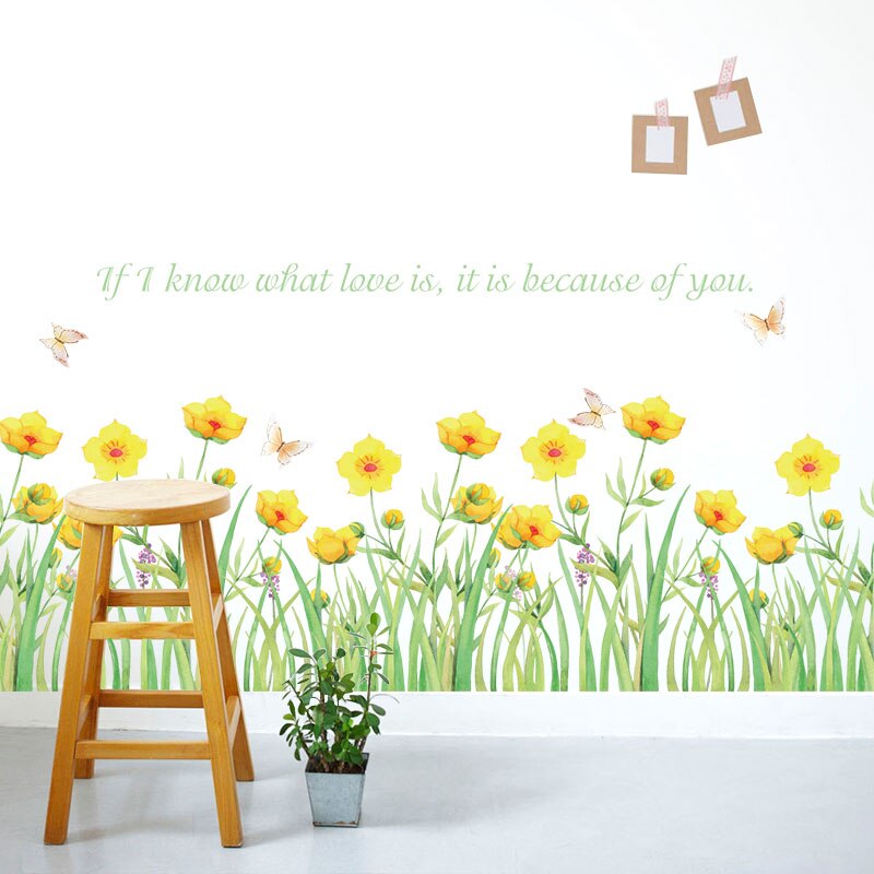 Yellow Flowers Butterfly Wall art Stickers Removable Skirting Line Border Decoration Window Glass Decals Self Adhesive