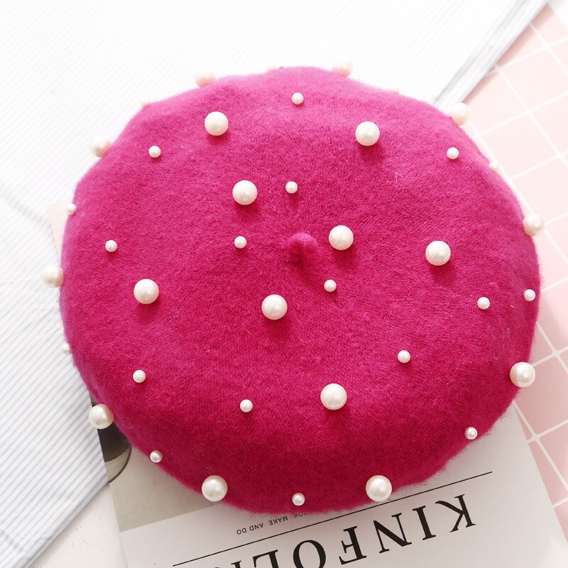Kvinne imitasjon perle franske par beret lue tuque Helle femme vinter svart rød gul rosa ull beretter caps til kvinner: varmt rosa