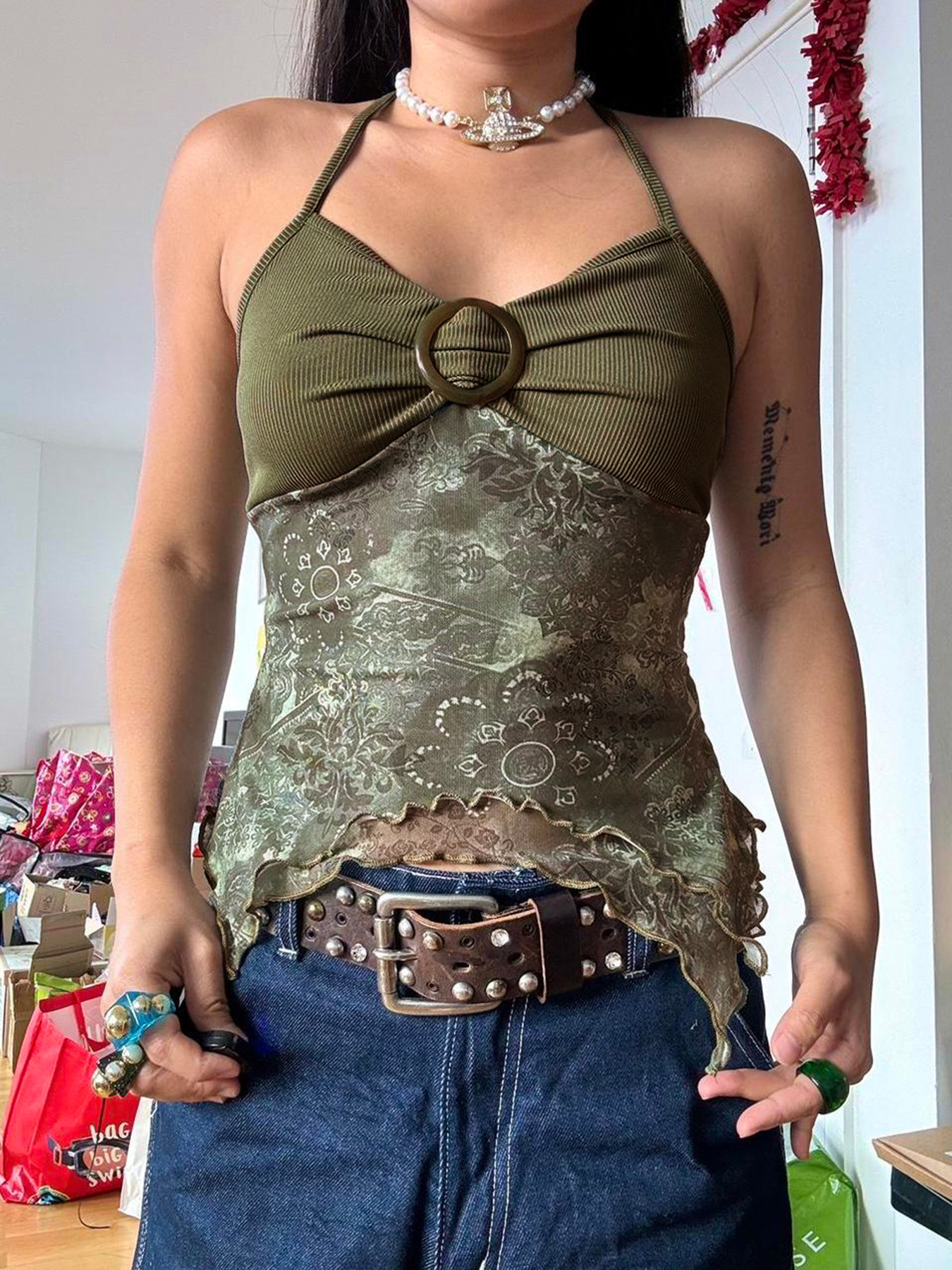 Sweetown-camisola Retro verde bosque con estampado Vintage para mujer, camisola bohemia Y2K con Espalda descubierta, Tops asimétricos con lazo Halter, ropa para vacaciones de verano