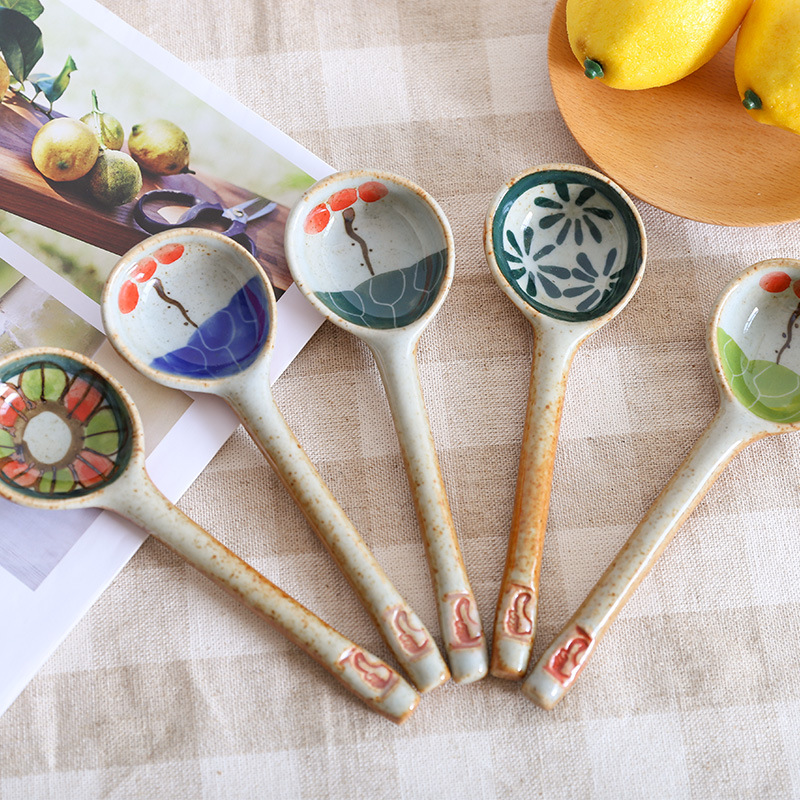 Handmade Ceramic Spoon Hand Painted Japanese Cartoon Cat Household Product Long Handle Spoon Kitchen Tableware 1 Piece