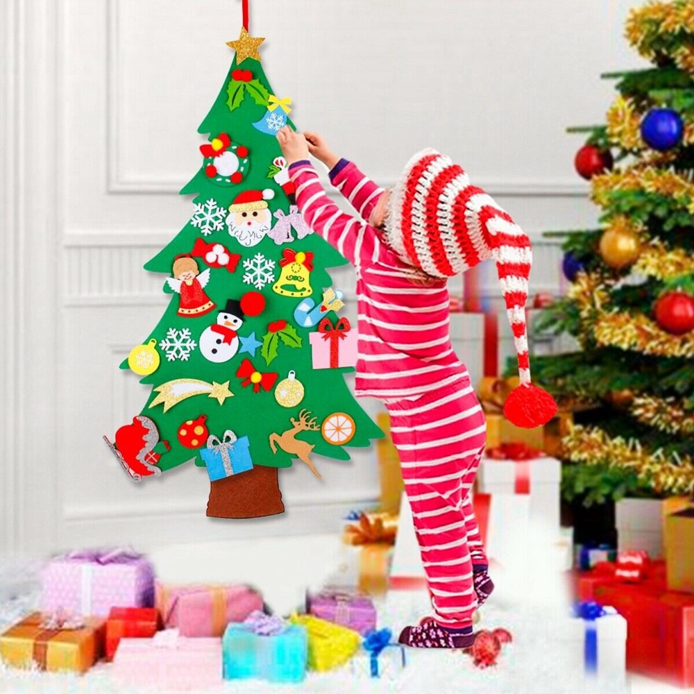 Kids Vilt Kerstboom Met Ornamenten Xmas Diy Deur Muur Opknoping Decor