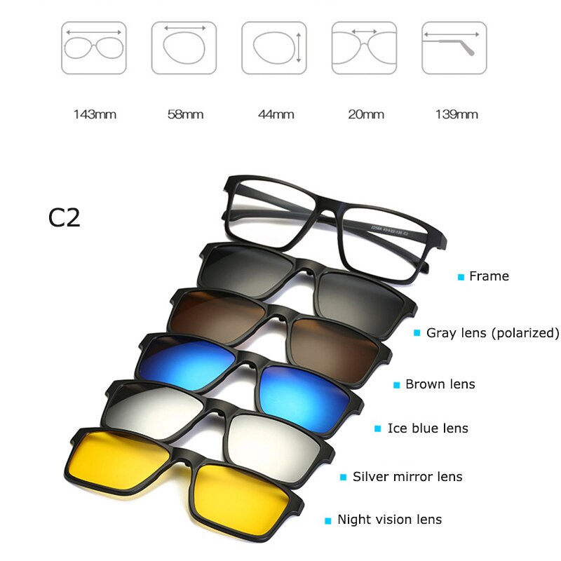 Montura de gafas ópticas para hombre y mujer, gafas de sol magnéticas polarizadas con 5 enganches para miopía, lentes masculinos RS219: RS219 C02