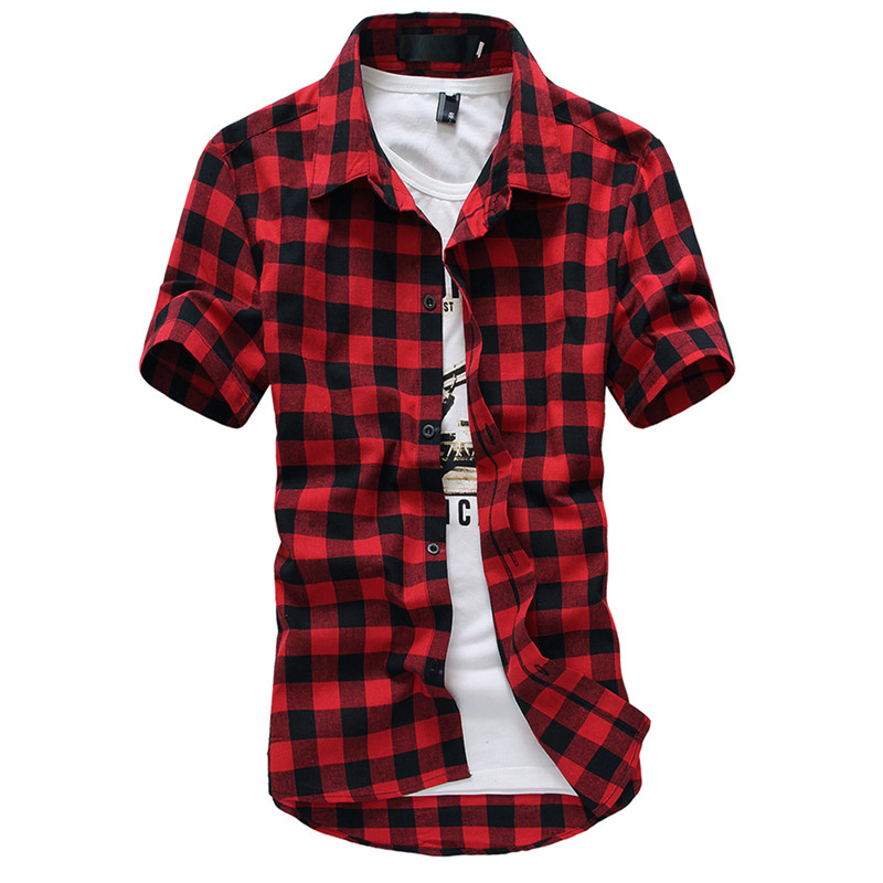 Rød og svart rutete skjorte herre sommer kul casual outwear herre kjole skjorter camisa sosial skjorte herre
