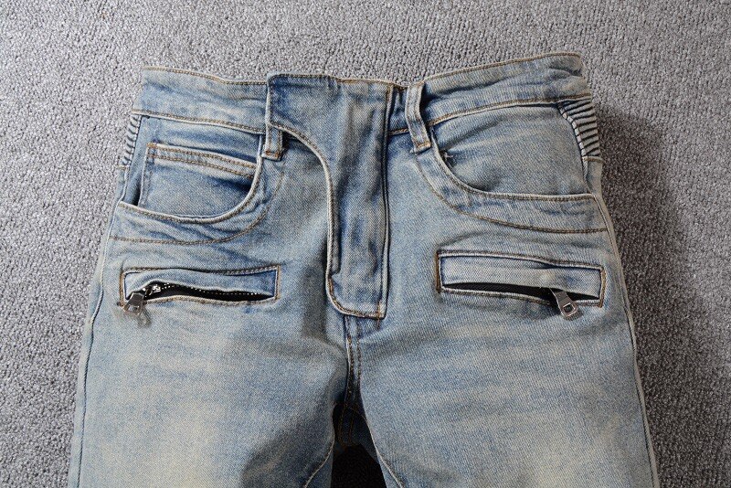 Men's Denim Biker Distress Jeans Motorcycle Slim fit Riding Pants
