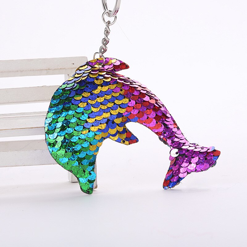 Delfin stjärna enhörning nyckelring glitter pompom paljetter nyckelring för kvinnor llaveros mujer bilväska tillbehör nyckelring: Delfin regnbåge