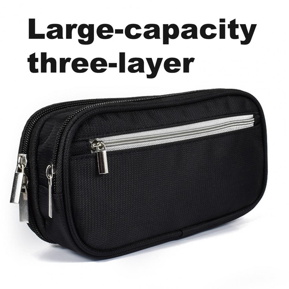 Pen Bag Waterproof Easy to Grasp Canvas Three-layer Pencil Case for School