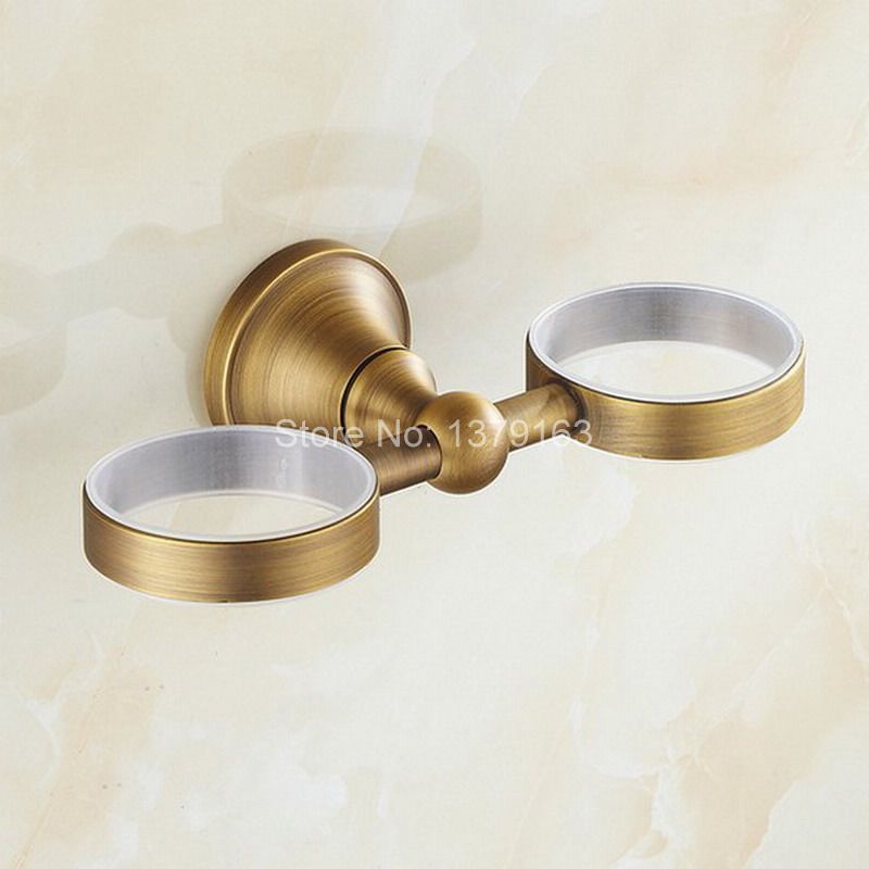 Retro antieke bronzen vintage messing badkamer badbekerhouder met dubbele keramische beker wandmontage aba 145