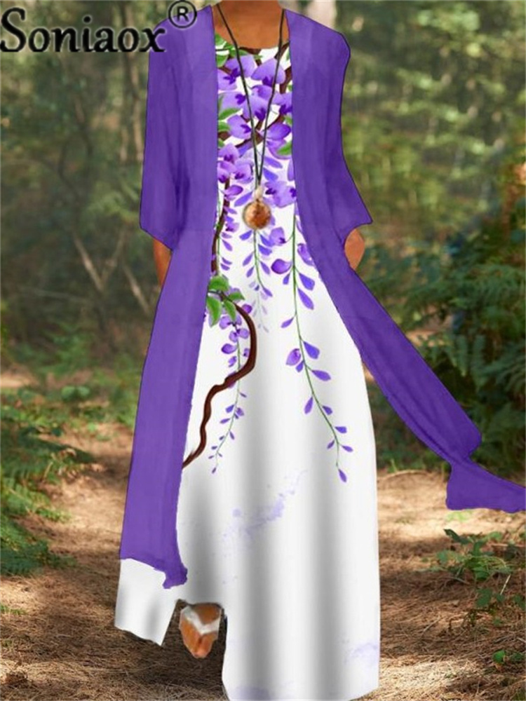Two-Piece Set Lady Flower Print Sleeveless Maxi Dress With Cardigan Clothes Women Summer Boho Dresses Coat: 4XL / Dark Purple