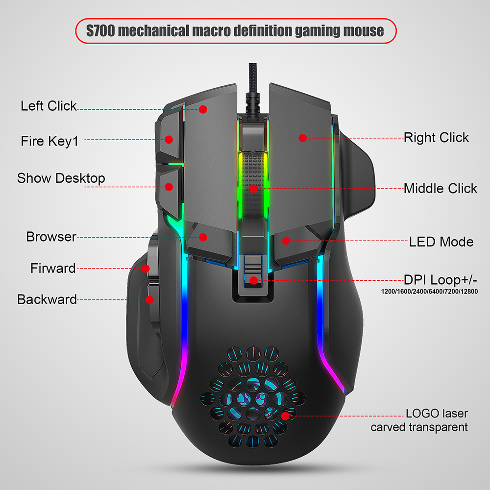 Neue USB Gaming Maus Computer Maus RGB Hintergrundbeleuchtung Mause Gamer 10 Tasten Programmierung 7200 dpi Ergonomische Gaming Maus Für computer