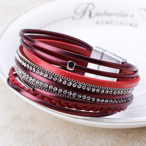 Flashbuy Alloy Rhinestone Leather Beads Crystal Bangles For Women Accessories Bracelet Jewelry Decoration: Red