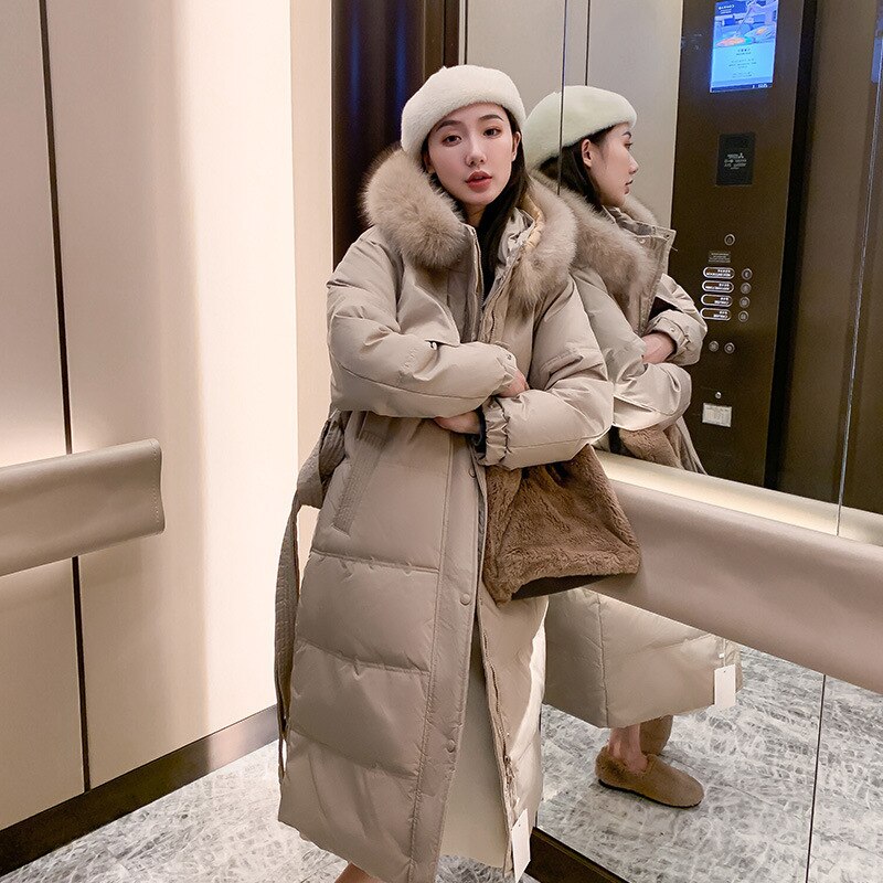 Women Long Belted Winter Jacket Hooded Fur Collar Detachable Windproof Down Jacket Oversize Cotton padded Parkas Outwear Coat