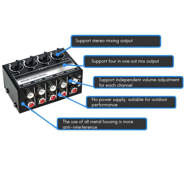 4 Channel Stereo Audio Mixer Support RCA Input and Output Mini Passive Stereo Mixer with Separate Volume Controls