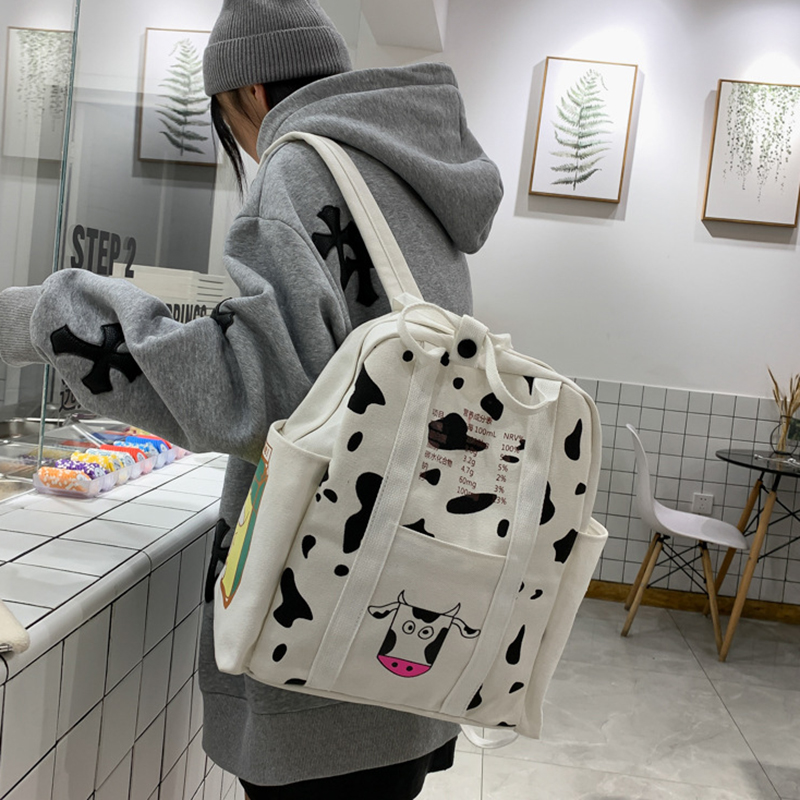 2pcs/set Cute Girls Milk Cow Printing Backpack Women Canvas Travel Knapsack Student School Bag Teenager Rucksack