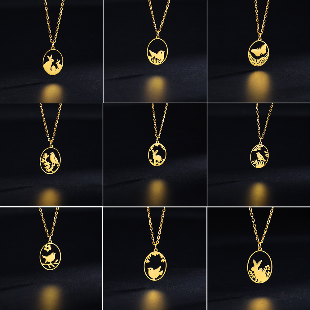 Roestvrijstalen Holle Ellips Dieren Hangers Ketting Meisjes Mode Schattige Konijn Vogels Serie Ketting Ketting Sieraden Voor Vrouwen