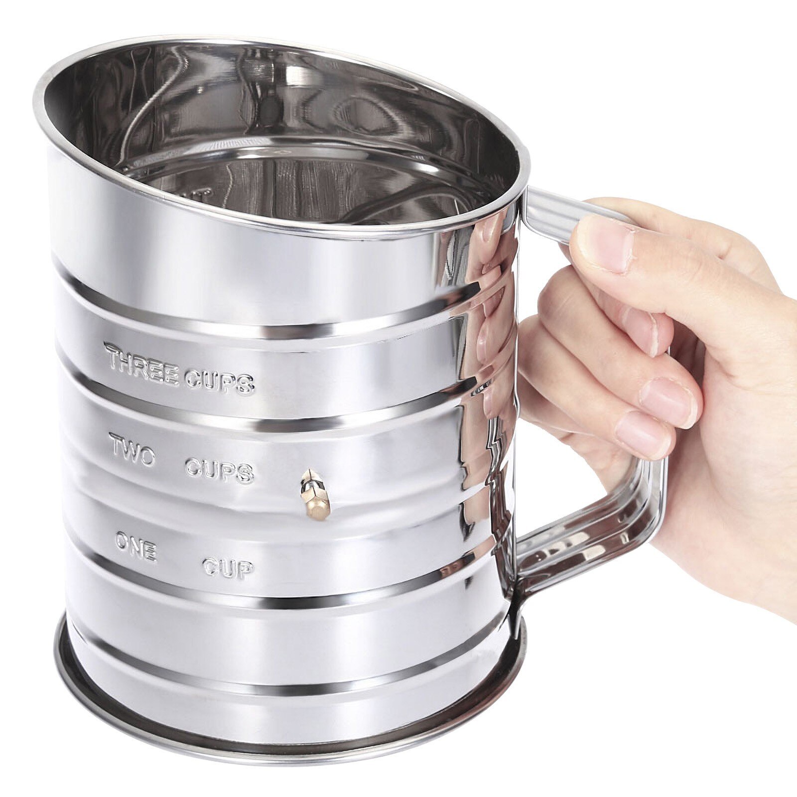 Tamiz de harina de manivela de mano rotativa de acero inoxidable de 3 tazas con agitador de 2 cables, agitadores, agitadores, utensilios de cocina para horno, herramientas de repostería para hornear