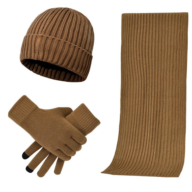 3 pice / sæt varm strikket tørklæde handsker hat sæt kvindelig cirkel hals skærm touch finger temperament varm beanie tørklæder handske bomuld: Kahki