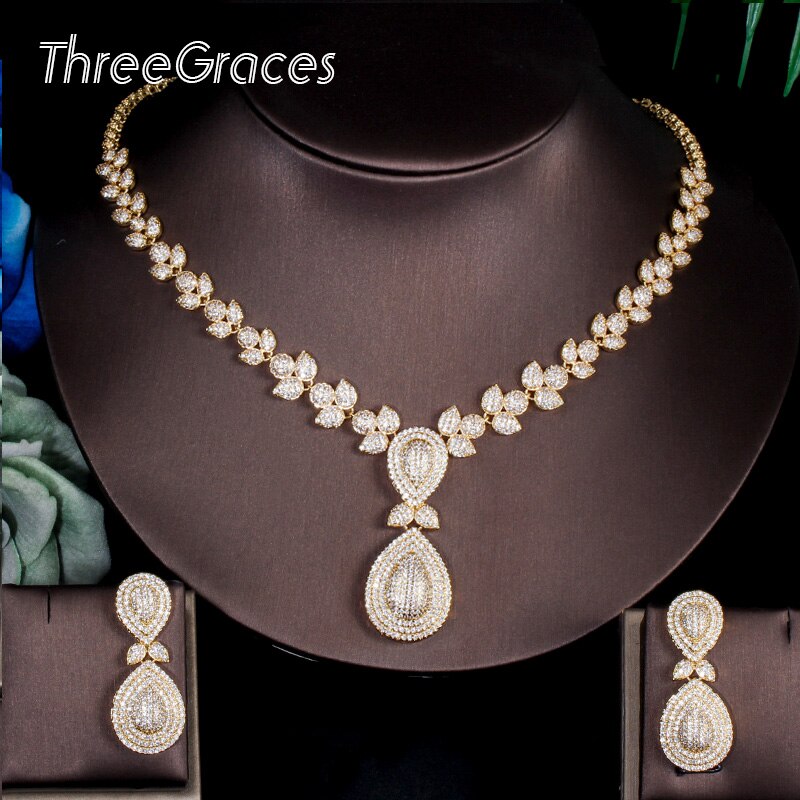 ThreeGraces Vintage Licht Gold Farbe Cubic Zirkon Micro Pflastern Große Peardrop Afrikanische Hochzeit Schmuck Sets Für Frauen JS144