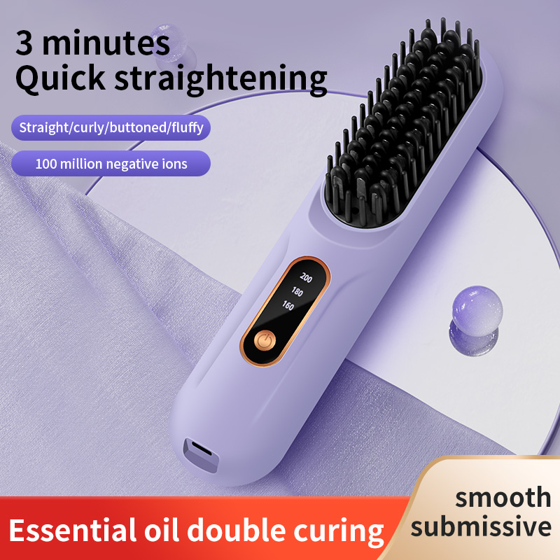 Peine de pelo liso con calefacción eléctrica, pantalla LCD, USB, inalámbrico, portátil, herramienta de peinado de iones negativos, cepillo alisador recargable