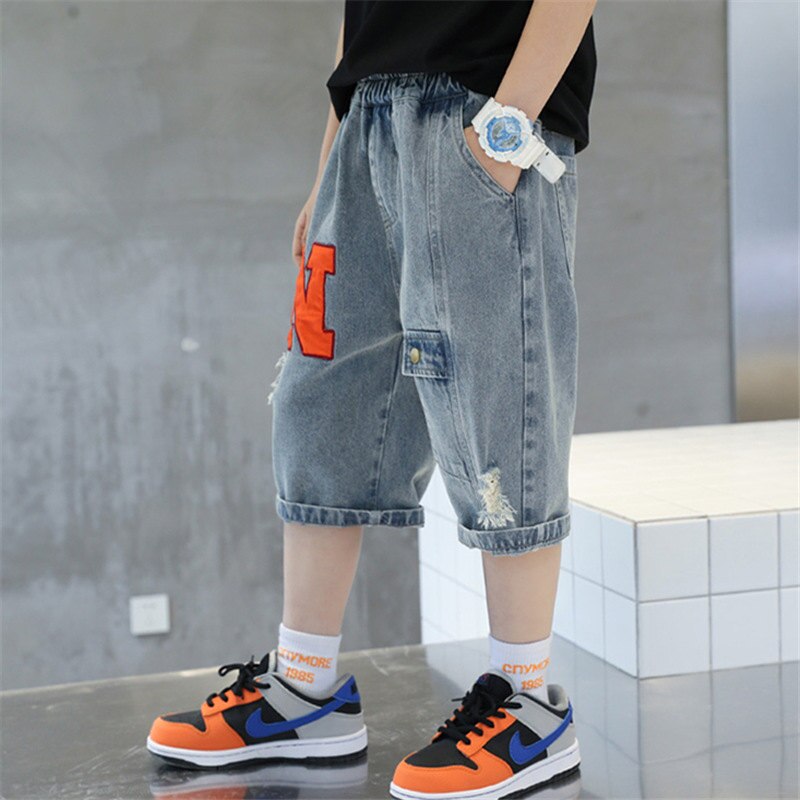Big Kids Sport Denim Shorts estate Casual cotone nuovi arrivi abiti moda elastico in vita pantaloni rotti Jeans corti 5-14 anni