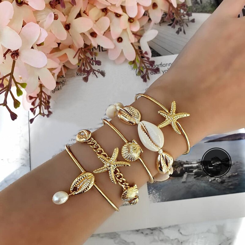 Set van 5 damesarmbanden met schelp, parel, zeesterren, sint-jakobsschelp, gevlochten touw, gouden armbandenset, bohemien, bruiloftsfeest sieraden: Default Title