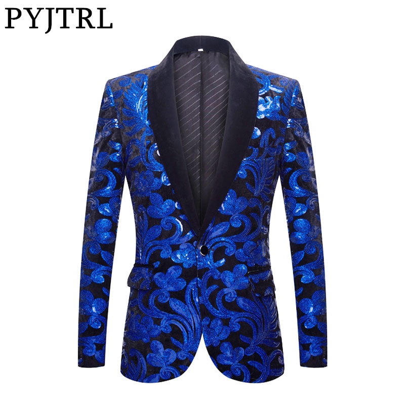 Pyjtrl paljetter fløyel serie menn kongeblå svart fløyel floral skinnende paljetter blazere bryllup brudgom prom sanger slim dressjakke