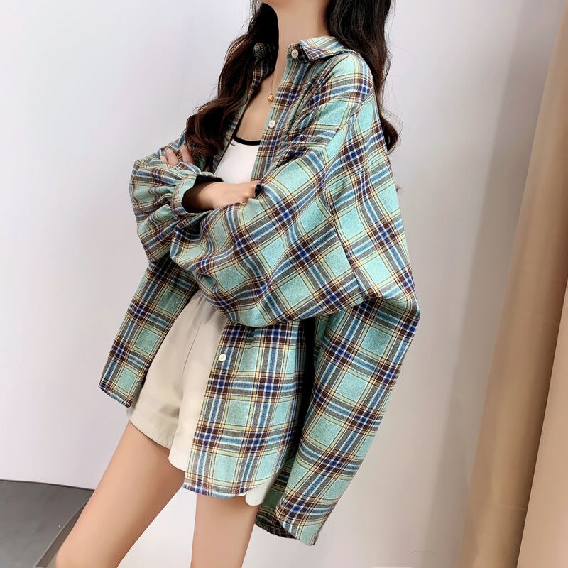 Shirts Women Solid Plaid Chic Outwear Loose Popular Chic Womens Korean Style Sweet All-match Young