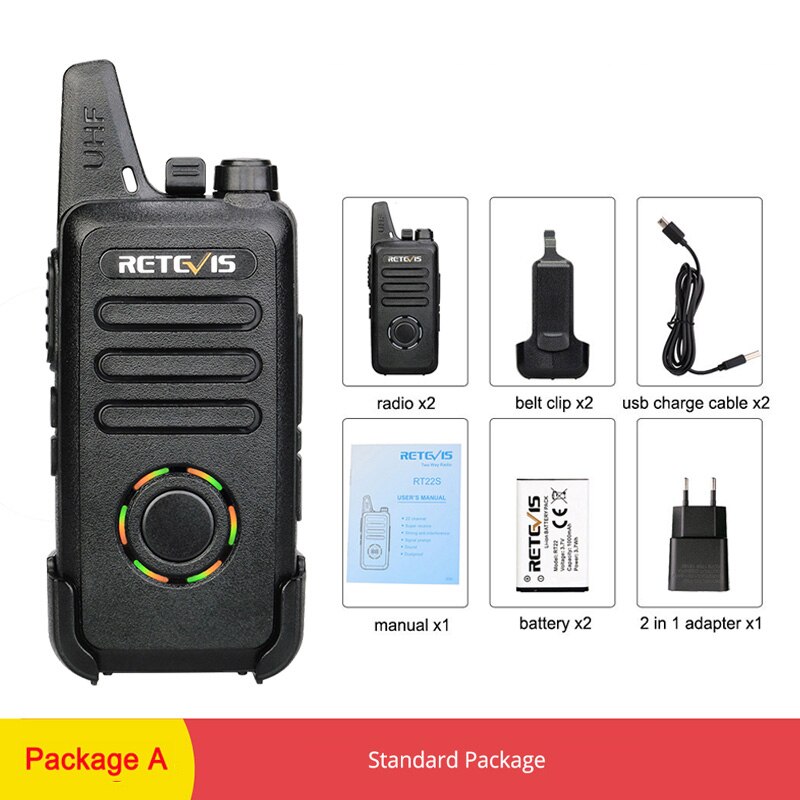 RETEVIS RT22S Walkie Talkie 2pcs Retevis RT22S 2W Portable Two-way Radio Station VOX USB Charging Hidden Display Hiking Travel: Package A