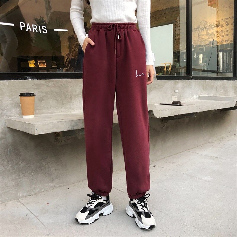 Casual Sport Hosen Für Frauen Stickerei Elastische Hohe Taille Laufen Hosen Lose Beiläufige Warme Jogginghose Winter: winered