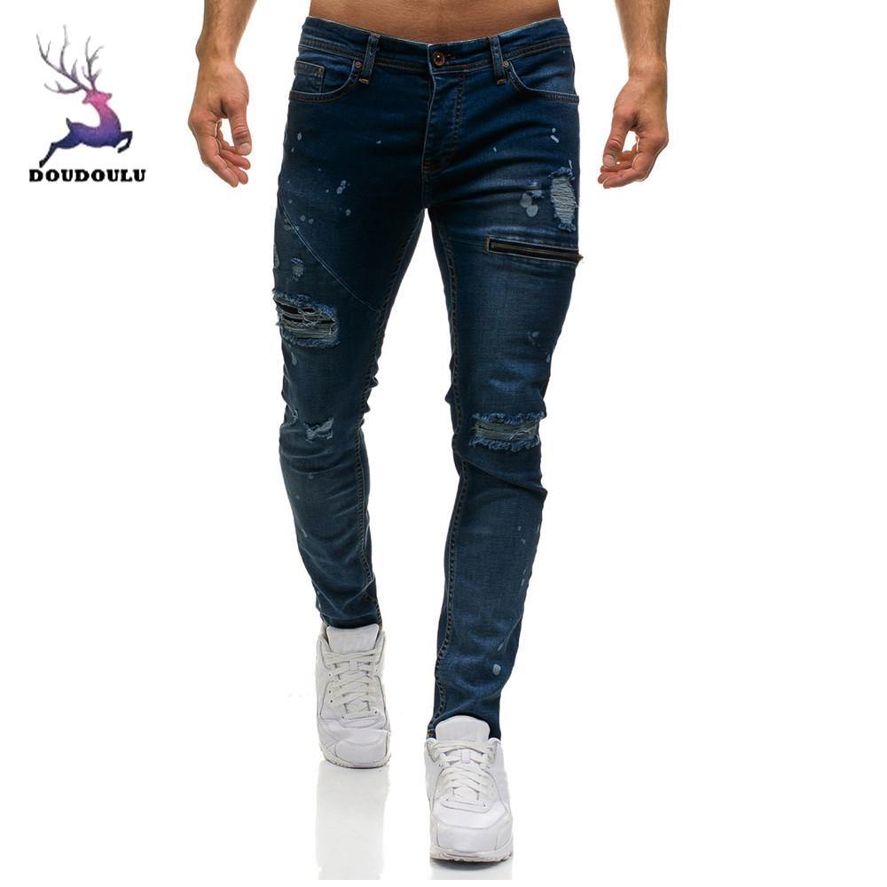 DOUDOULU Men's Casual Skinny Denim Stylish Zipper Jeans Casual Holes Denim Pants harem pants jogger sweatpants hombres #SS