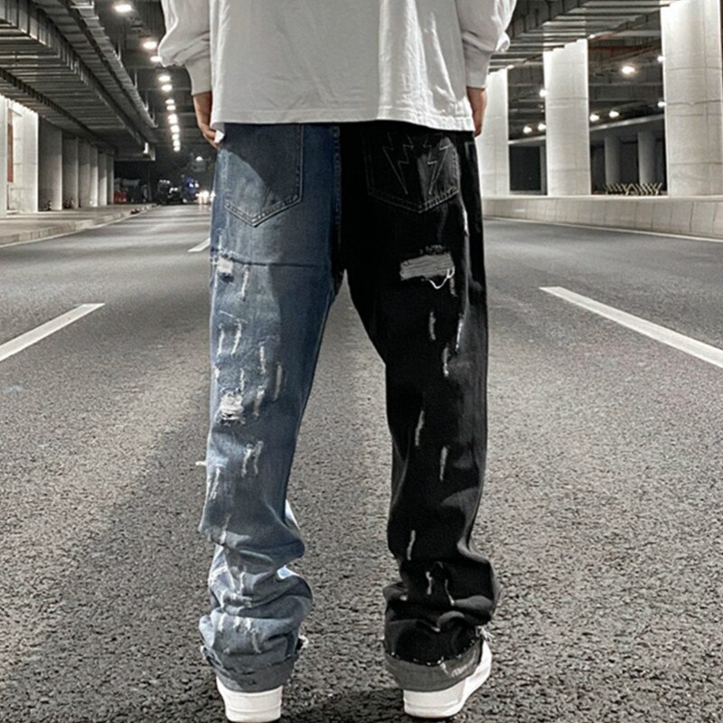 Hommes Denim Flare pantalon Patchwork déchiré trous pantalons décontractés automne hiver Streetwear Hip Hop pantalons longs Joggers jean