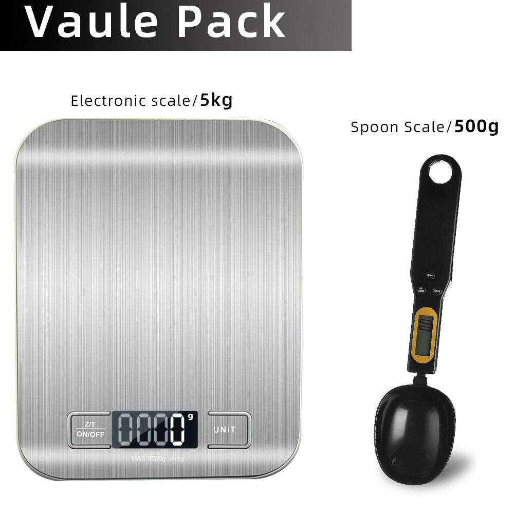 Kitchen Scale Digital Multi-function Stainless Steel Weighing Scale with LCD Display 5KG Electronic Scales Measuring: Value Pack 7