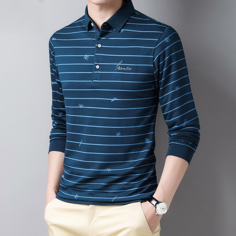Efterår stribe tryk herre langærmet polo shirt business casual revers mærke polo shirt mandlig