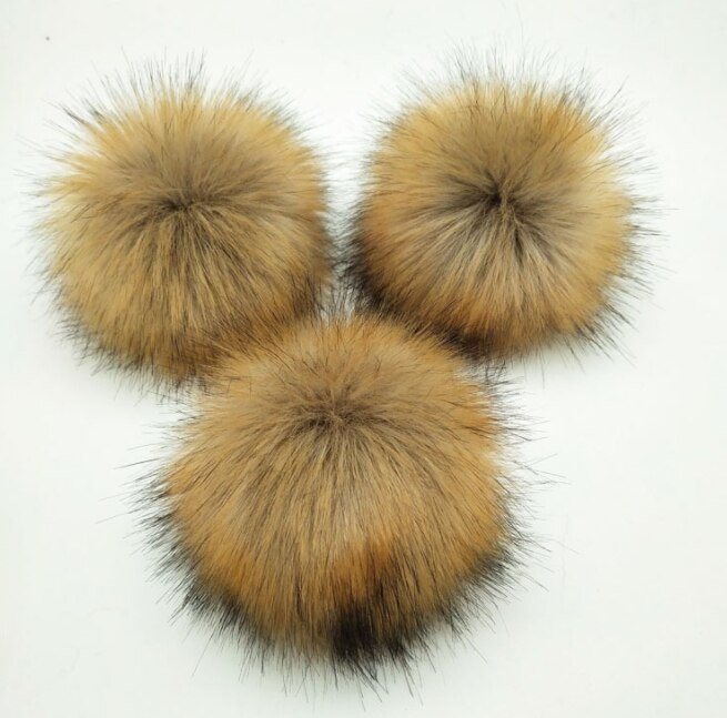 DIY Women Faux Raccoon Fur Pom Poms Ball for Knitting Beanie Hats Accessories Soft Hat Decoration with Buckle Hairball: Brown With Button