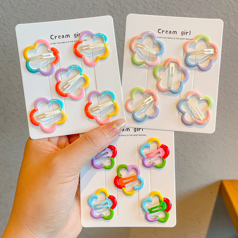 Pinces à cheveux arc-en-ciel mignonnes pour filles, fleur de dessin animé, épingle à cheveux étoile, pince à frange latérale, beaux accessoires pour cheveux, , 5 pièces