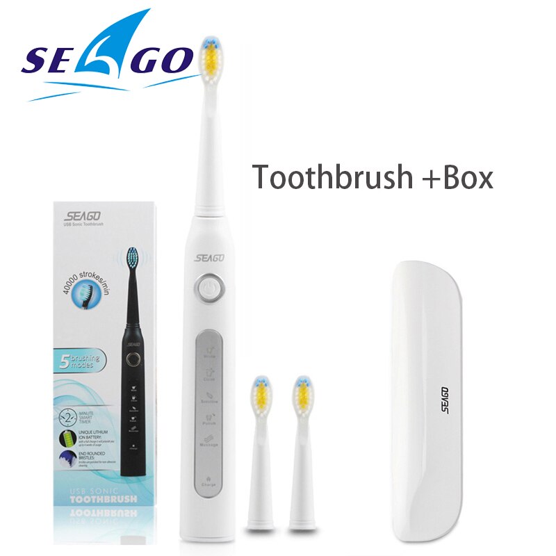 Seago Sonic Toothbrush Electric USB Rechargeable Waterproof Replacement Brush Head Best: White with box