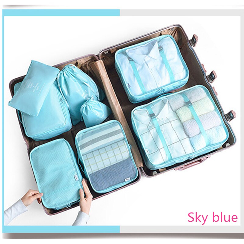 8 Stuk Koffer Organisator Opbergtas Reizen Cosmetische Bag Kleding Ondergoed Schoenen Verpakking Kubus Reizen Make Tassen: Sky Blue
