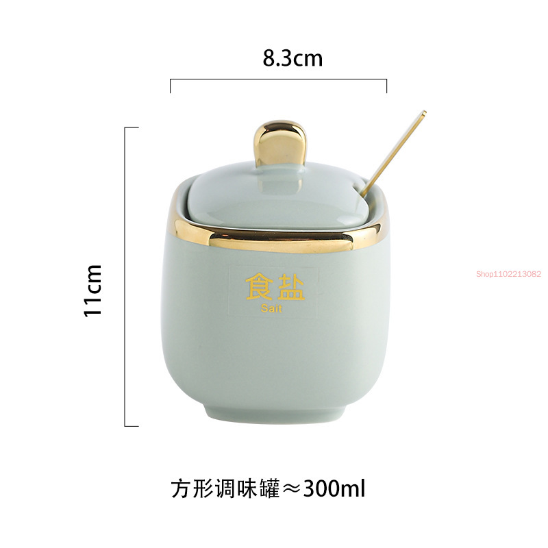 Gold-plated Ceramic Seasoning Jar with Lid Spoon Household Sugar Bowl Chili Box Kitchen Food Container Spice Organizer Rack: Burgundy