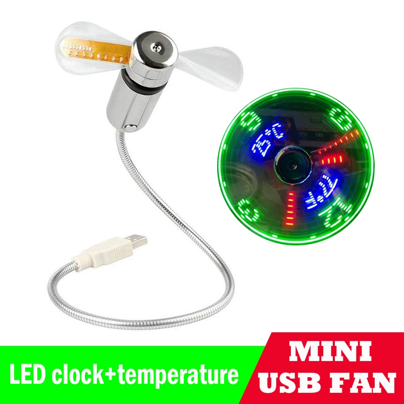 Mini USB LED Clock and Temperature Fan For laptop Adjustable Display Summer Cooling Fans Office Desktop